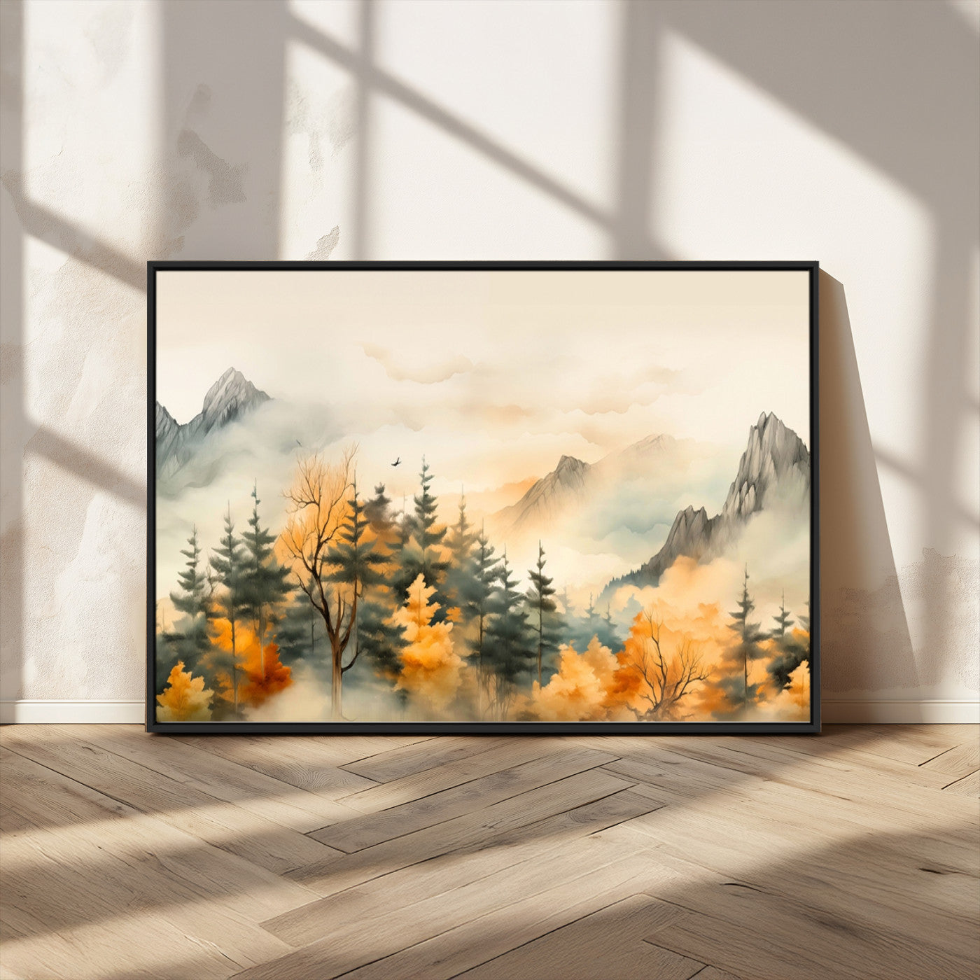 MGV-FC-36X24 - Abstract Watercolor Mountains and Trees Autumn Art, Watercolor Mountains and Trees Canvas Print