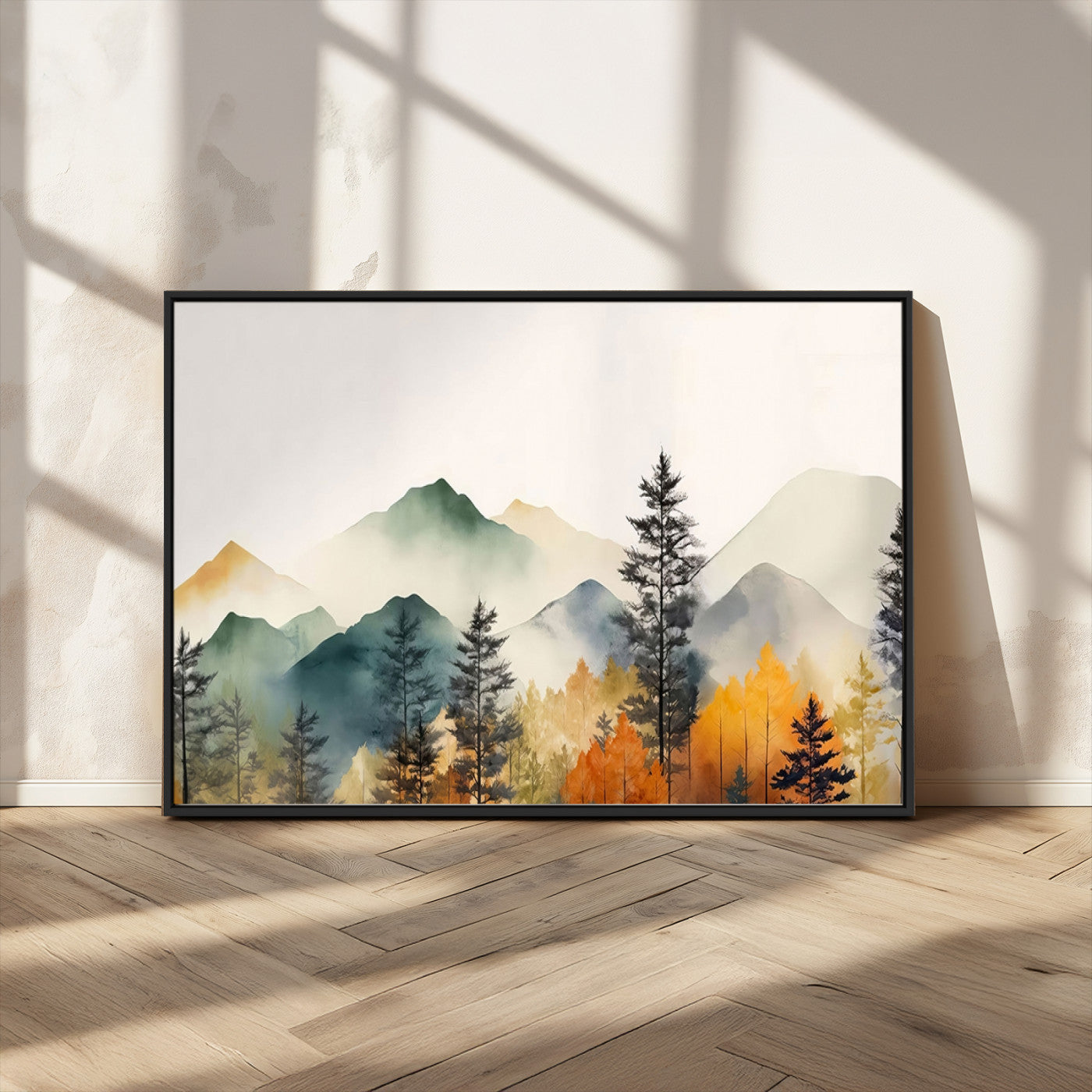 MGV-FC-36X24 - Abstract Watercolor Mountains and Trees Autumn Wall Art, Mountains and Trees Autumn Wall Art Canvas