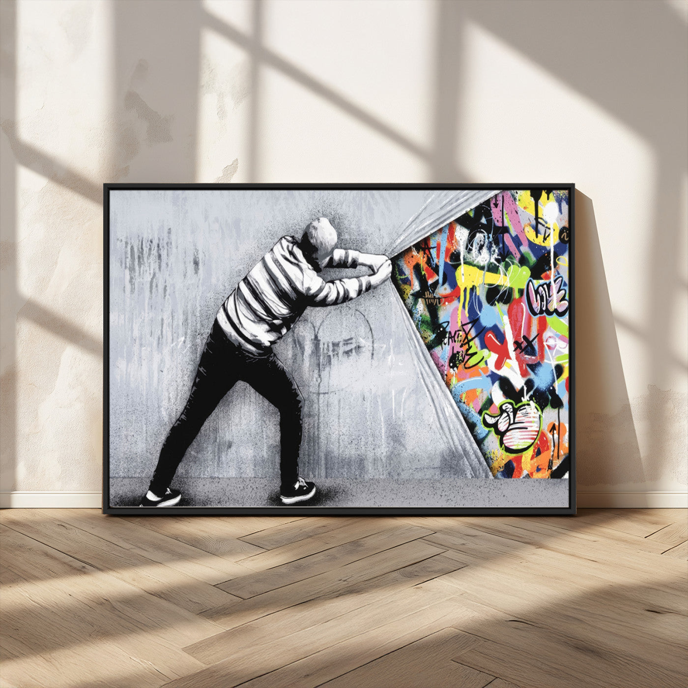 MGV-FC-36X24 - Banksy Art Behind the Curtain Street Wall Art Canvas Print | 3-Panel Urban Graffiti-Inspired Wall Art for Living Room or Office