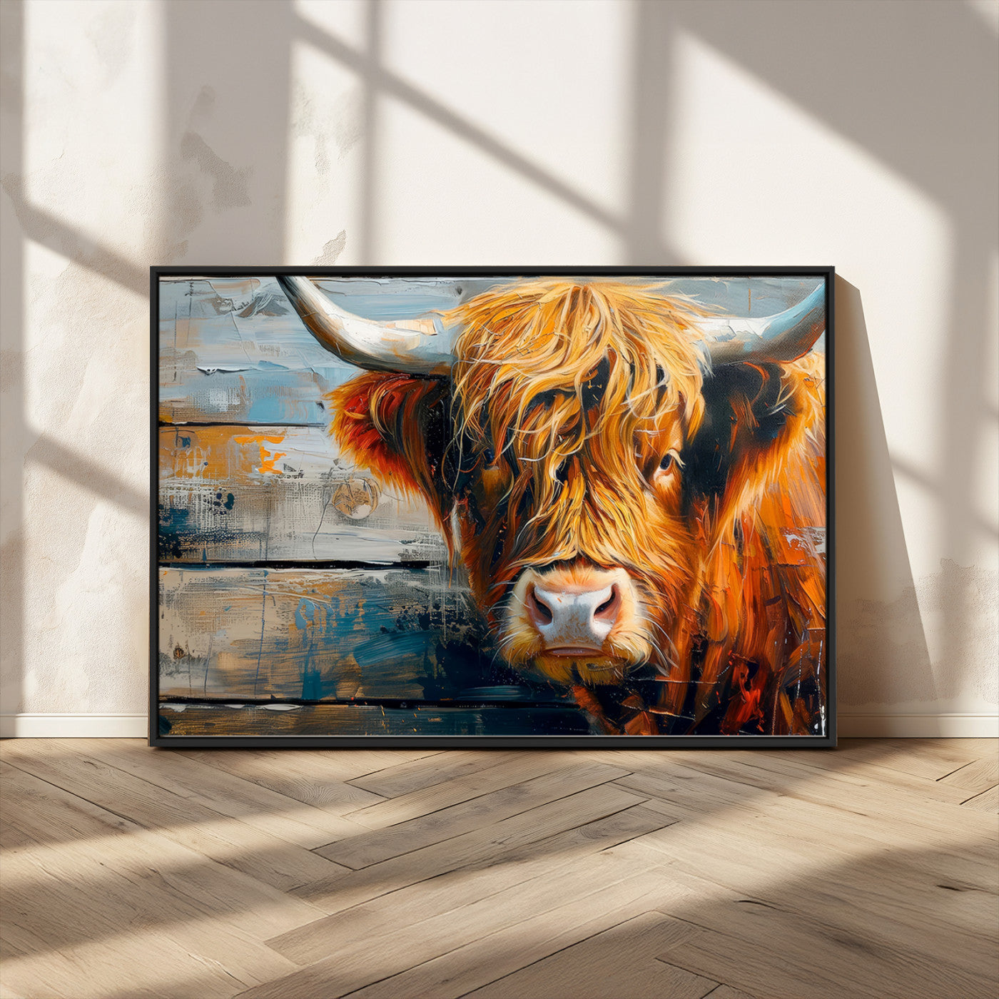 -Highland Cow Abstract Canvas Wall Art – Bold Farmhouse Rustic Decor – Ready to Hang