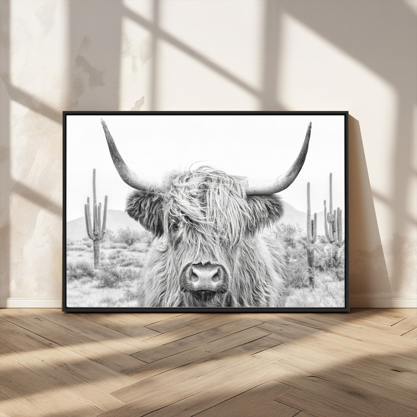 -Rustic Charm | Cow Longhorn Black White Bighorn Wall Art Canvas Print | Farmhouse Wall Art