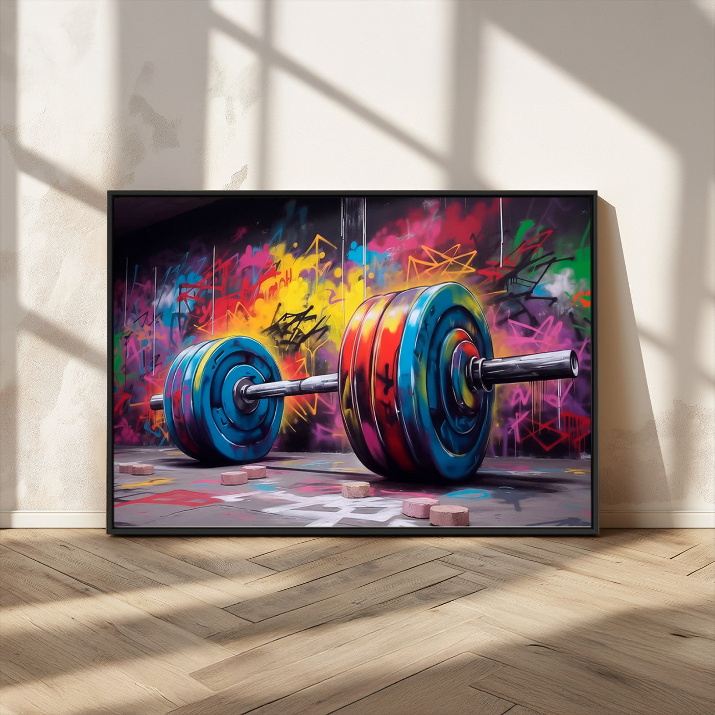 MGV-FC-36X24 - Abstract Graffiti Barbell Canvas Wall Art – Urban Fitness Meets Bold Street Art Print - Gym Wall Art Print