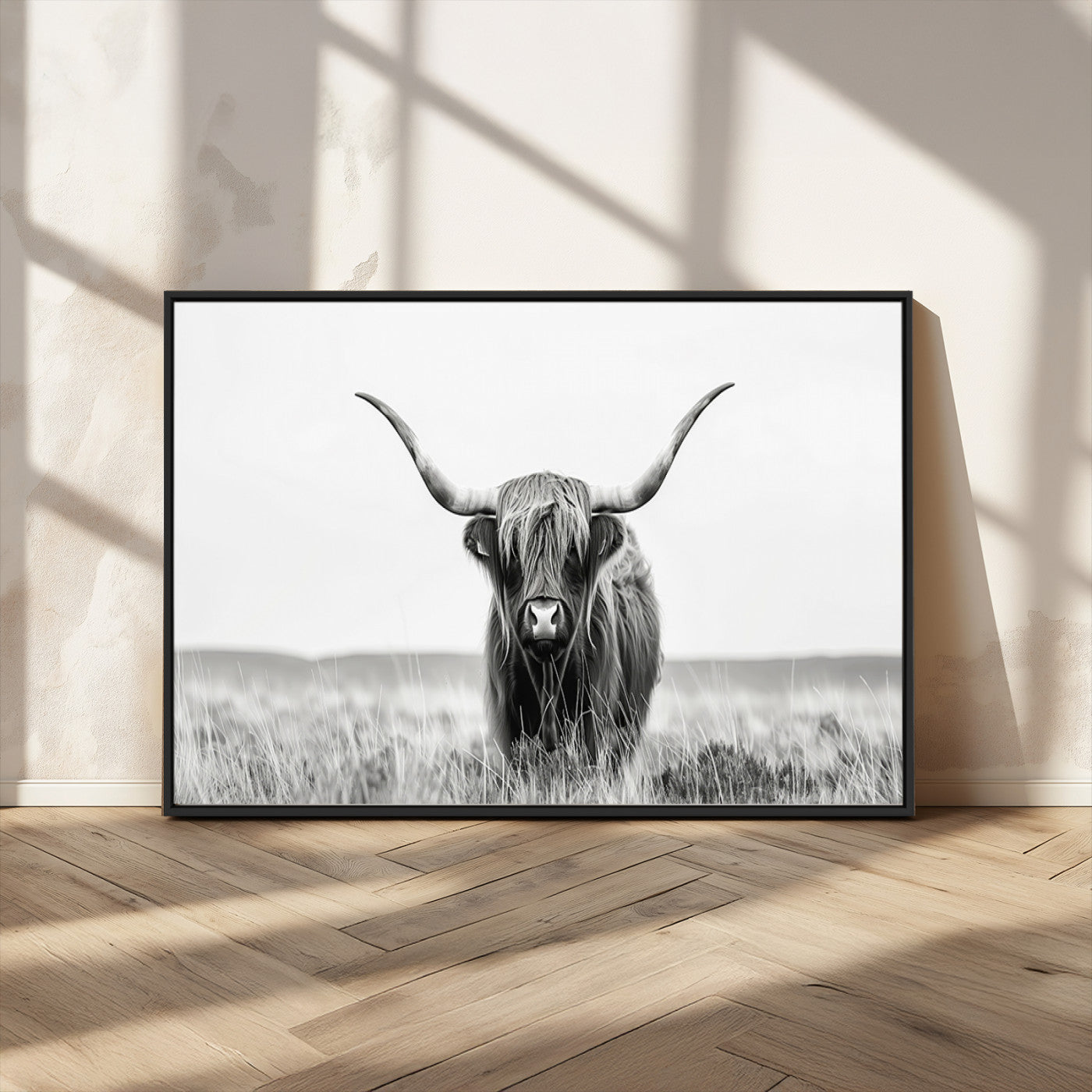 MGV-FC-36X24 - Highland Cow Canvas Wall Art – Majestic Beauty in Black and White