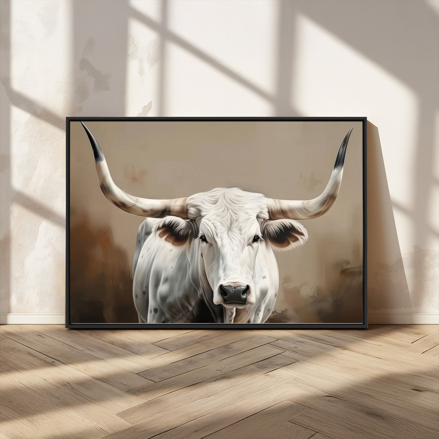 -White Longhorn Bull Wall Art Canvas Print – Framed and Ready to Hang – Perfect for Farmhouse and