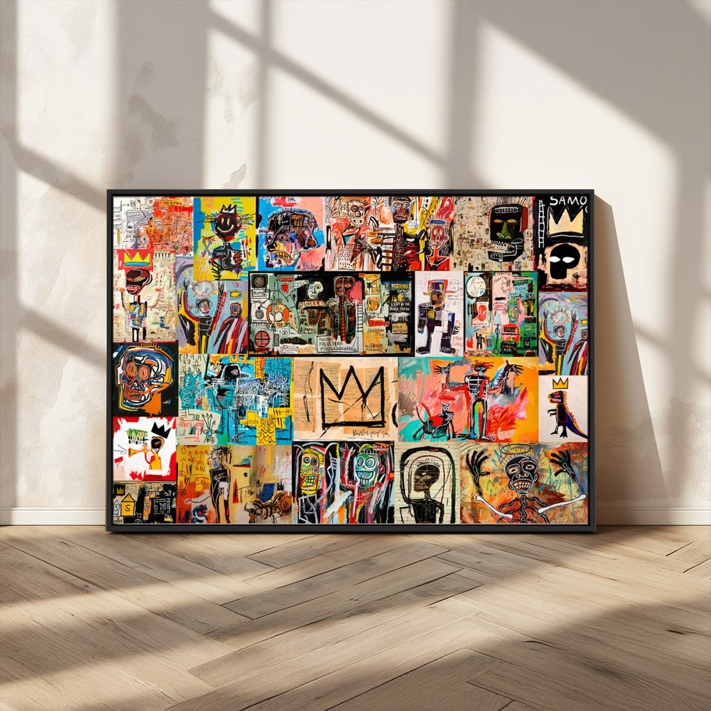 MGV-FC-36X24 - Basquiat Art Collage Wall Art Canvas Print – Framed, Ready to Hang, Urban Graffiti Style