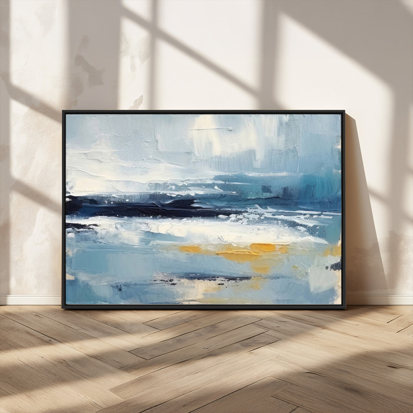 MGV-FC-36X24 - Abstract Ocean Canvas Wall Art - Coastal Blue and Gold Textured Painting, Modern Seascape Decor for Living Room Decor