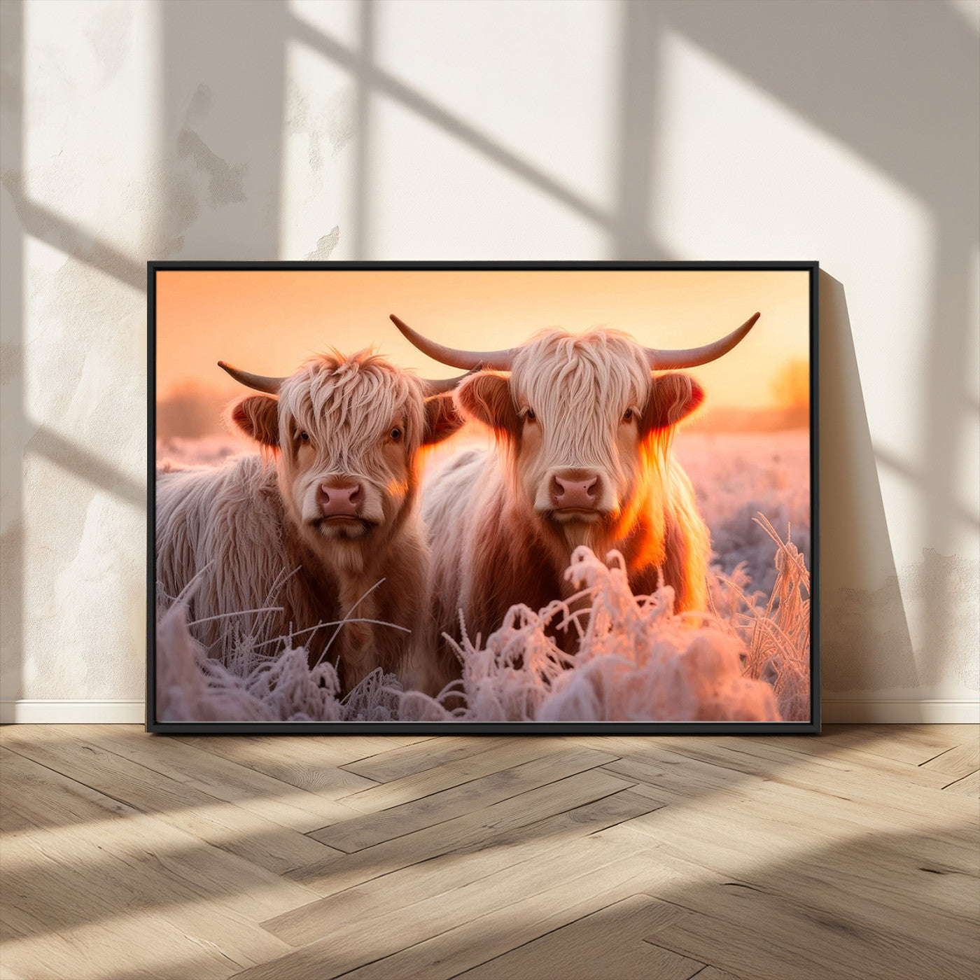 -Highland Cows at Sunrise Wall Art Canvas Set – Serene and Rustic Farmhouse Decor