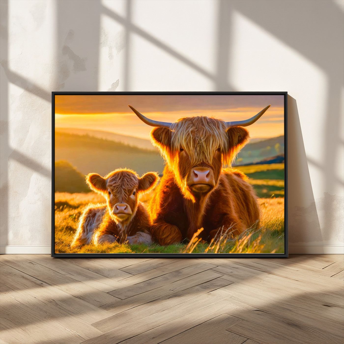 -Scottish Cow and Baby Cow Canvas Wall Art Animal Print Fluffy Cattle Framed Farmhouse Decor