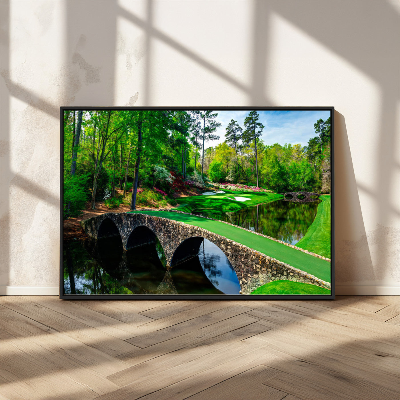 MGV-FC-36X24 - Augusta National Golf Club Wall Art - Panoramic Bridge & Lush Greenery – Premium Framed, Ready-to-Hang Triptych Canvas