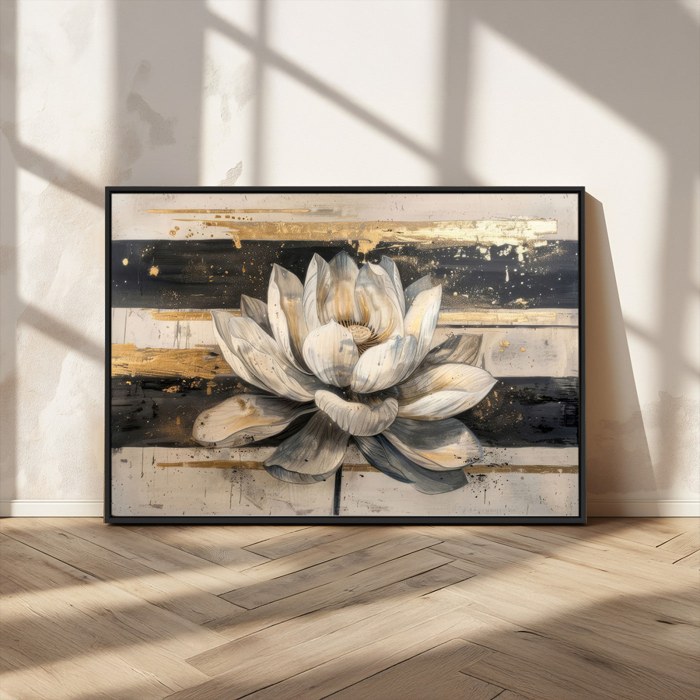 MGV-FC-36X24 - Lotus Flower Wall Art Canvas Print, Framed Abstract Lotus Art Picture Print, White Lotus Flower Perfect Abstract Floral Decor Artwork