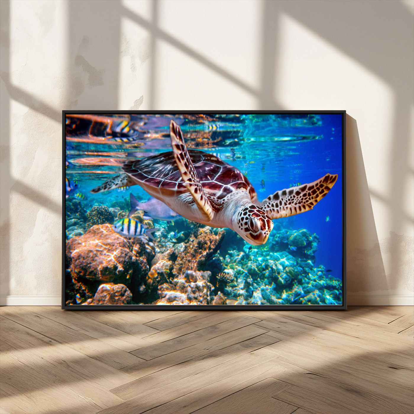 MGV-FC-36X24 - Underwater Coral Reef Sea Turtle Wall Art Canvas Print, Vibrant Marine Life | Colorful Ocean Scene