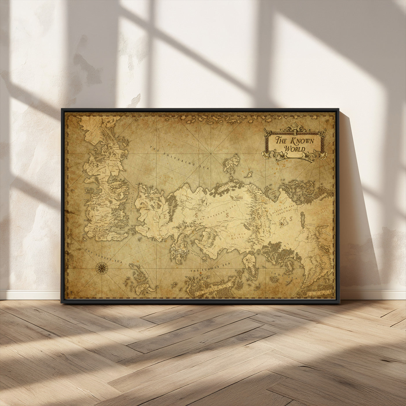 MGV-FC-36X24 - Vintage Game of Thrones Map Wall Art | Westeros and Essos Antique Style Print | The Known World in Triptych Canvas | Giclee Canvas for Fantasy Lovers