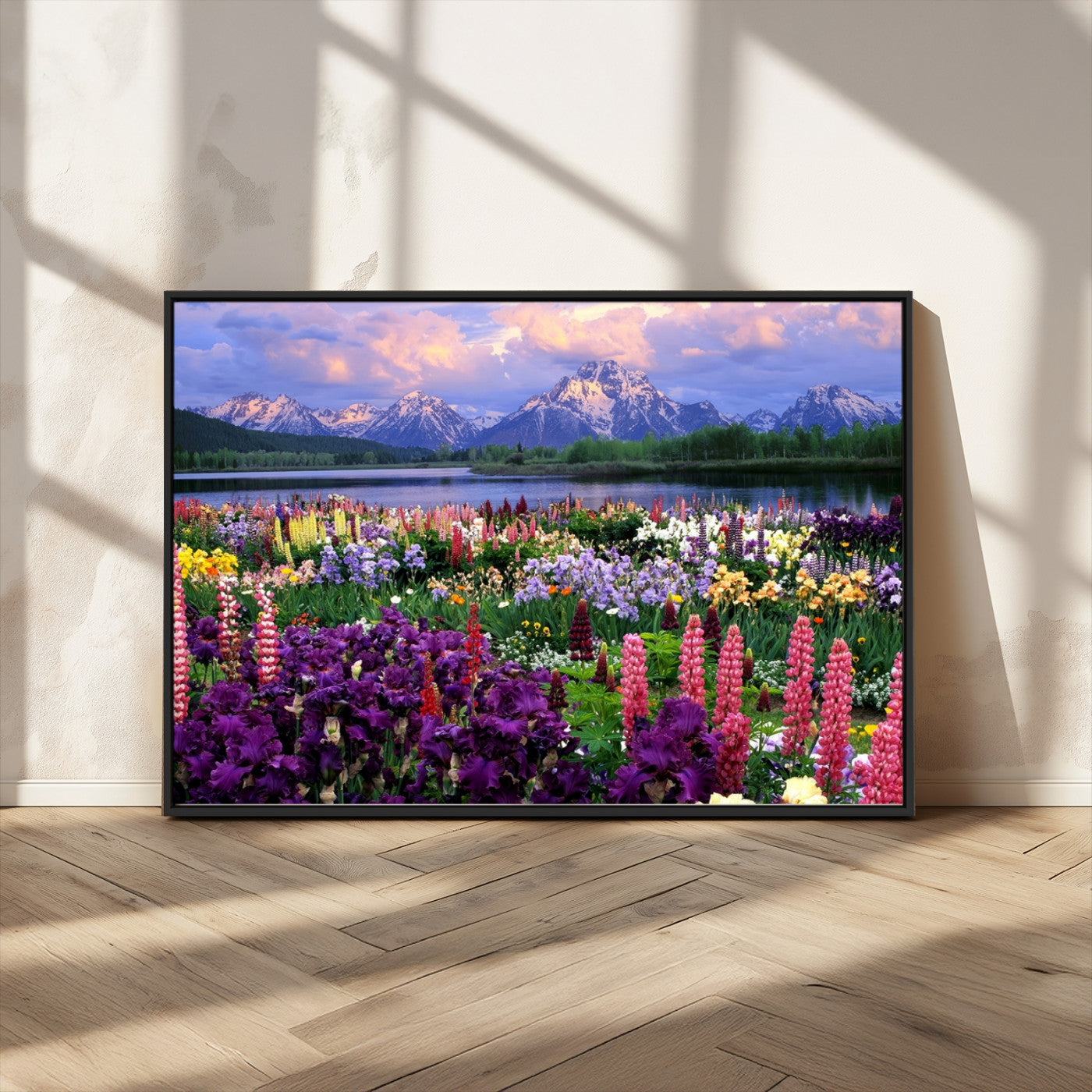 MGV-FC-36X24 - Vibrant Wildflower Garden and Mountain View Giclee Canvas Print | Floral Wall Art for Living Room