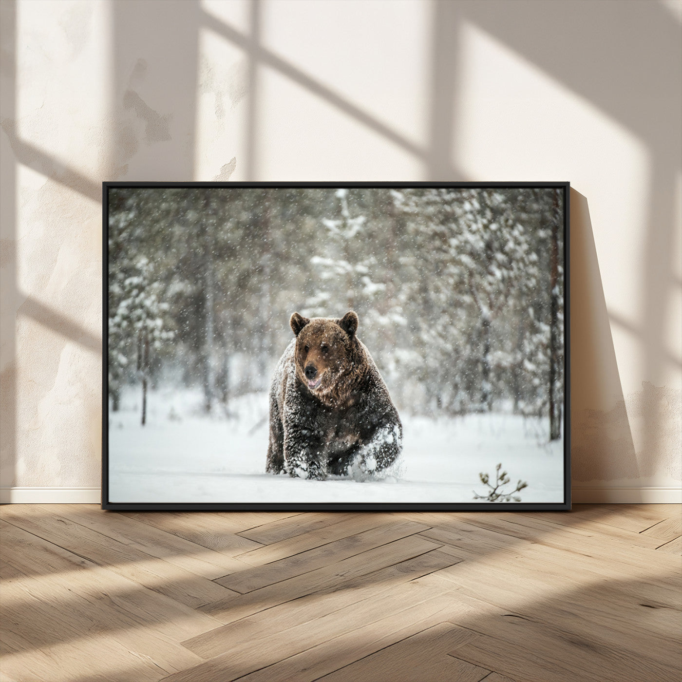 MGV-FC-36X24 - Wall Art Canvas Print – Grizzly Bear in Snowy Forest Powerful Presence Snowy Wilderness Wild Beauty