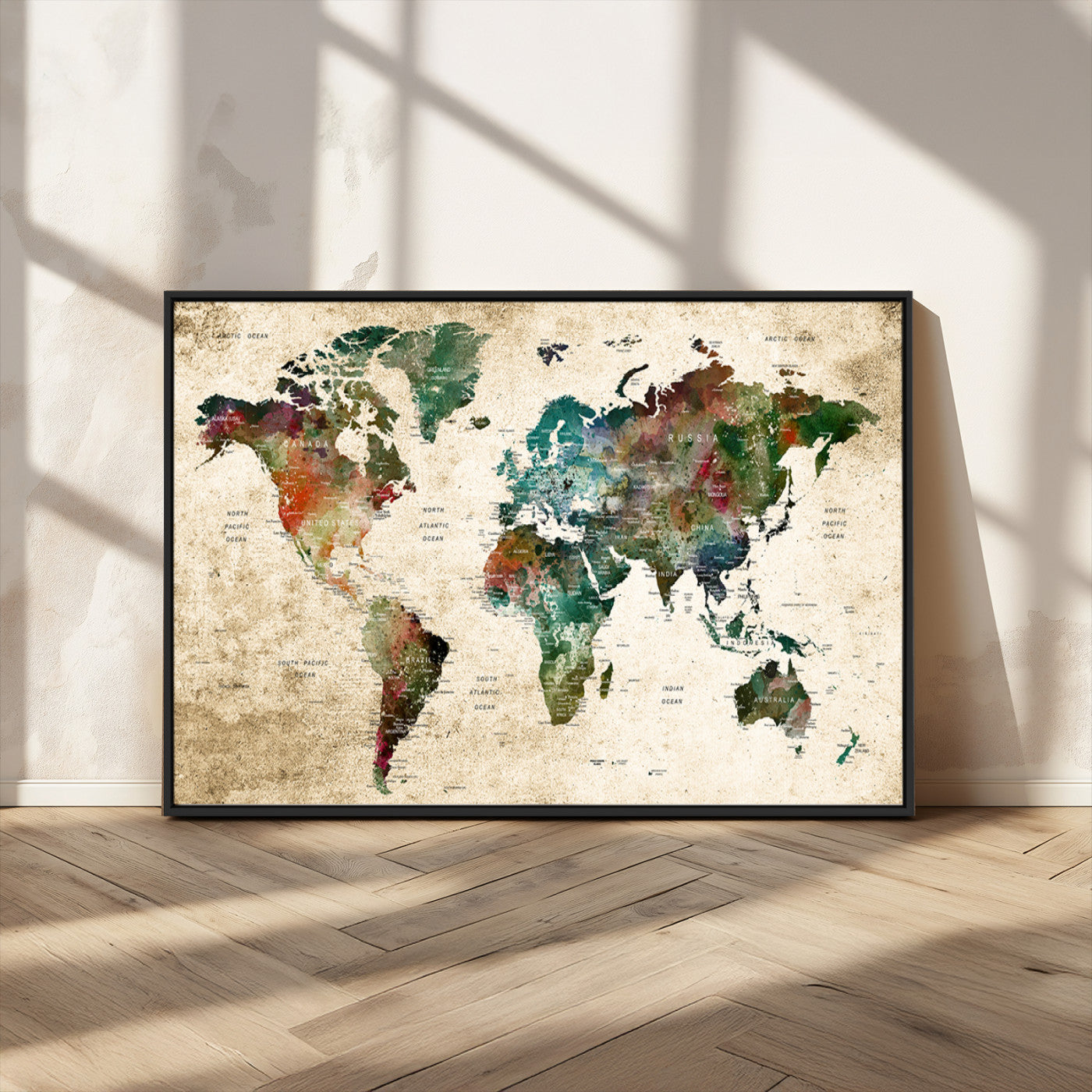 45128-MGV-CV-36X24-Push Pin World Map Canvas Print – Framed Wall Art for Couples to Track Their Travels – Anniversary Gift or Home Adventure Decor