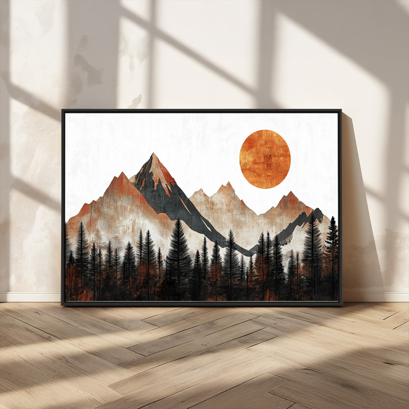 MGV-FC-36X24 - Modern Abstract Mountain Canvas Wall Art Print, Abstract Landscape Print, Rustic Sun and Mountains
