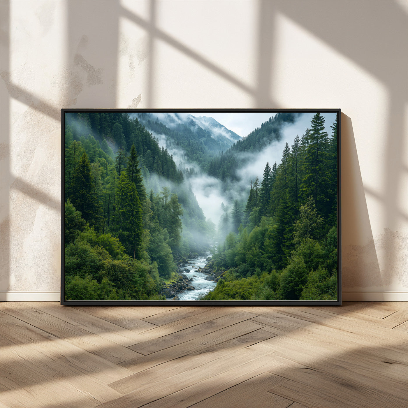 MGV-FC-36X24 - Mountain Forest River Canvas Wall Art Print - Serene Nature Landscape for Living Room, Office, or