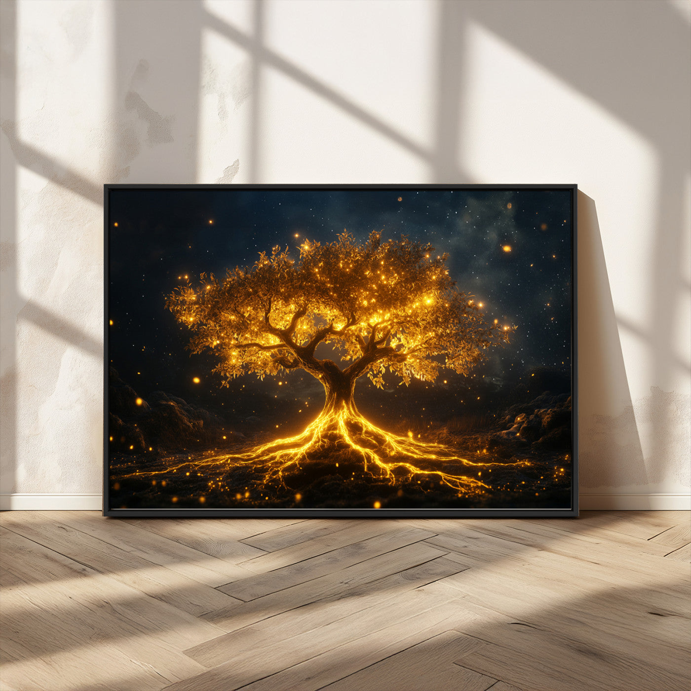 MGV-FC-36X24 - Golden Tree of Life Canvas Wall Art Print - Majestic Glowing Tree Design for Living Room, Office, or