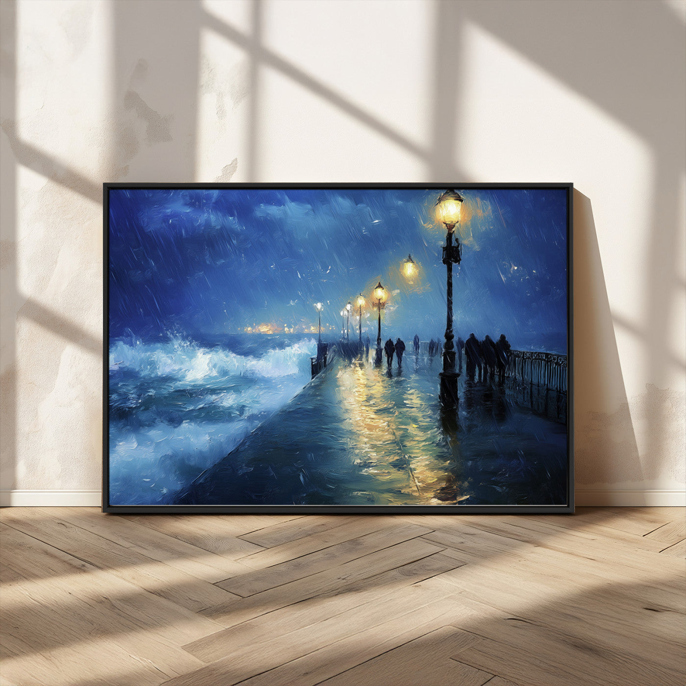 MGV-FC-36X24 - Abstract Stormy Ocean Pier Canvas Wall Art Print | Stormy Ocean Art | Large Moody Night Scene Print,