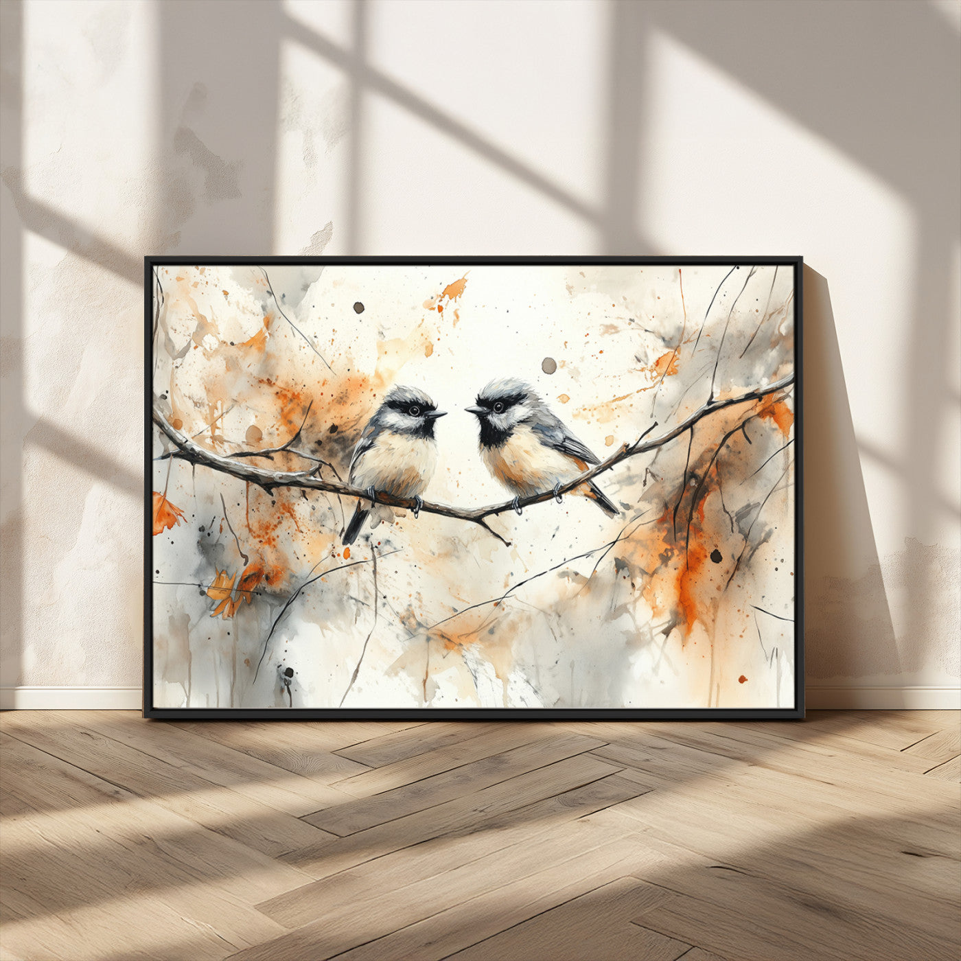 MGV-FC-36X24 - Abstract Watercolor Chickadee Bird Canvas Wall Art Print - Large Bird and Branch Wall Art, Modern