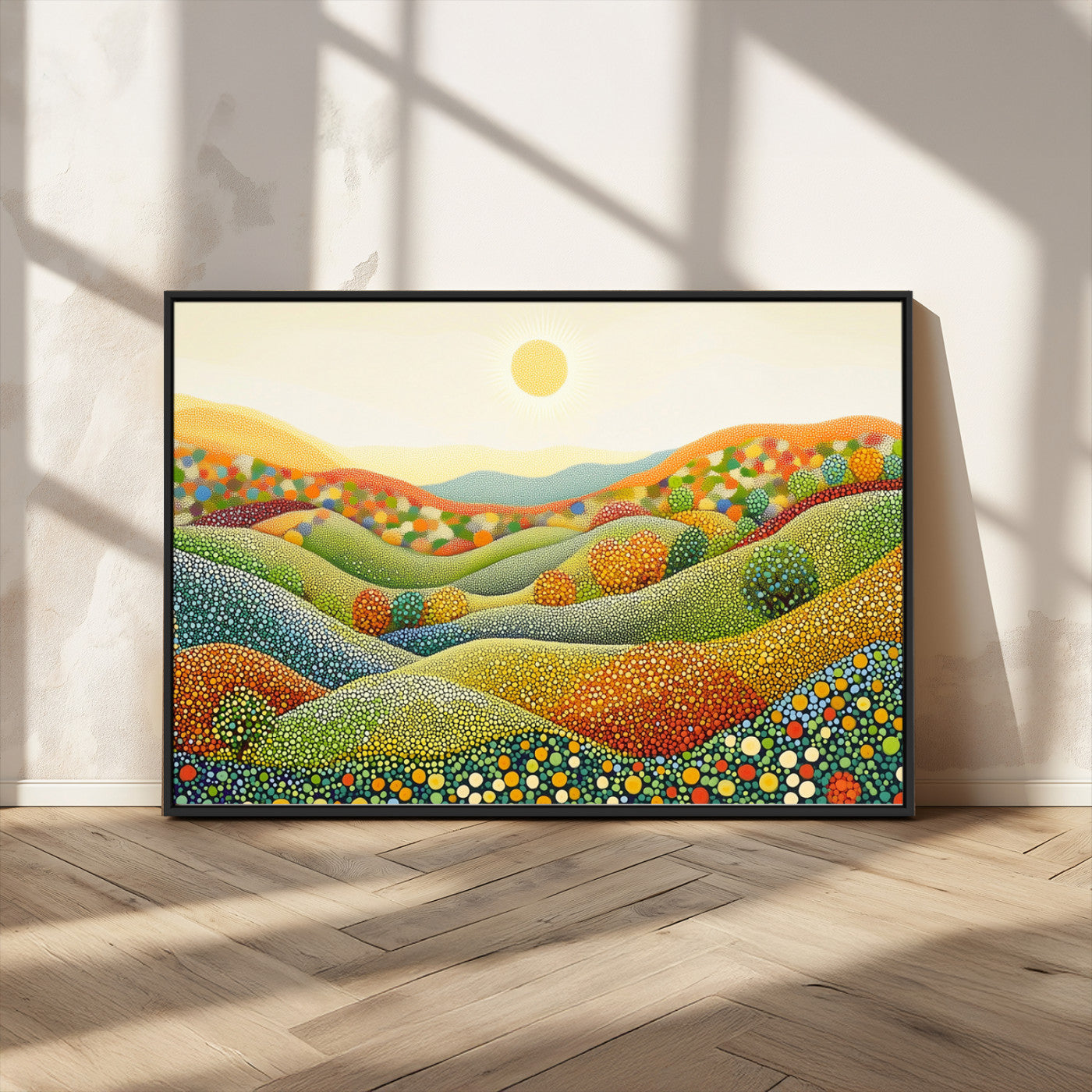 MGV-FC-36X24 - YAYOI KUSAMA Wall Art - Colorful Dot Art Landscape Canvas, Framed Japanese Dot Art
