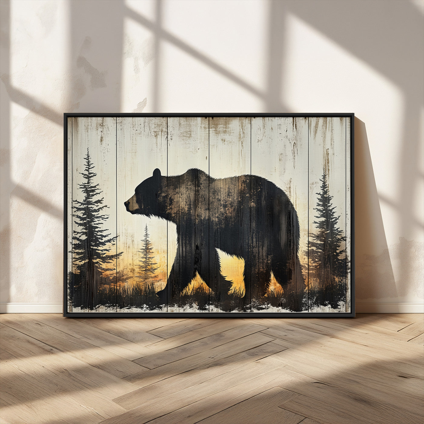83875-MGV-CV-36X24-Vintage Bear Wall Art Canvas Print for Farmhouse - Mountain Wood Canvas Wall Art - Forest Silhouette