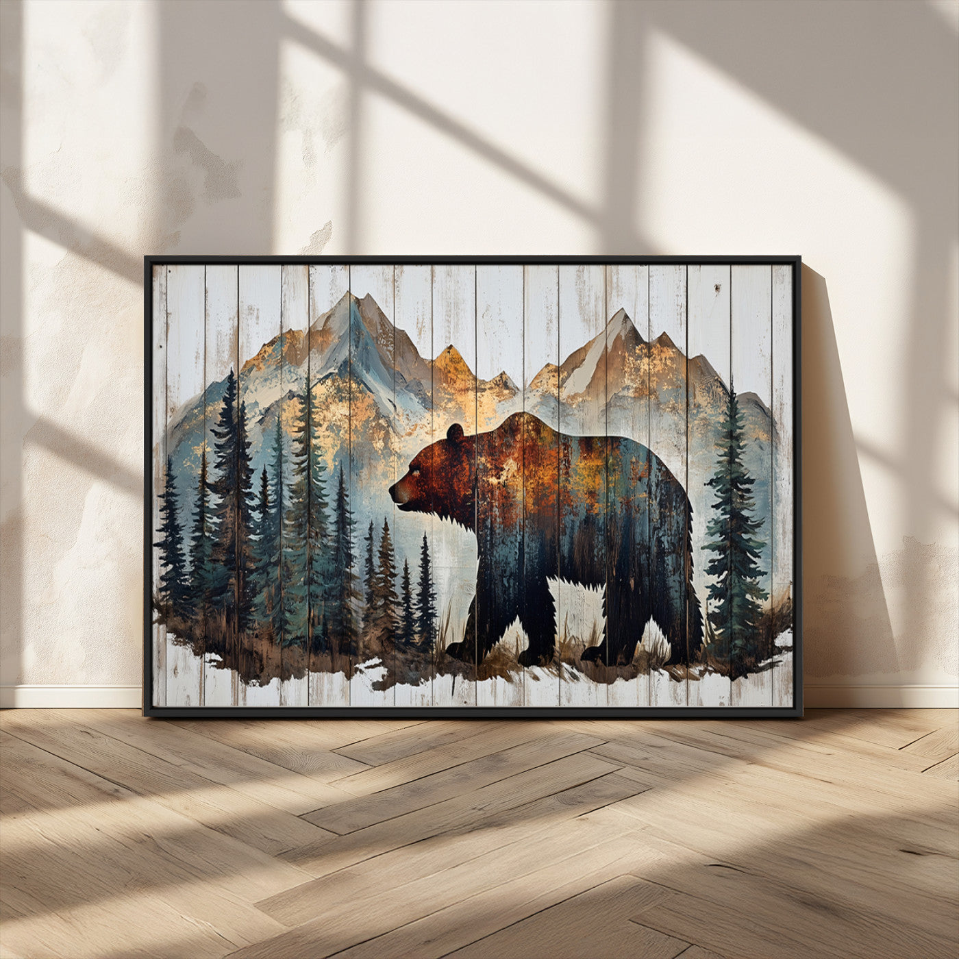 55777-MGV-CV-36X24-Rustic Grizzly 399 Bear and Mountain Wood Canvas Wall Art - Framed Nature Artwork with Forest