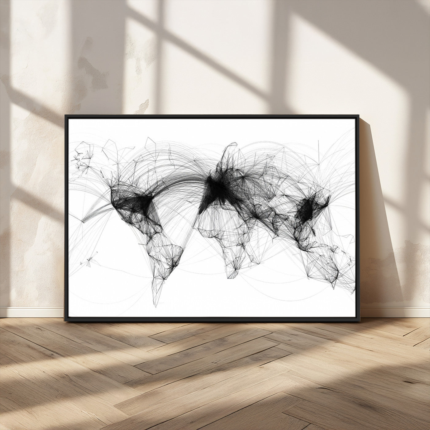 50136-MGV-CV-36X24-Abstract World Map Wall Art – Framed Geometric Line Canvas Artwork, Modern Global Design, Contemporary Decor for Home, Office