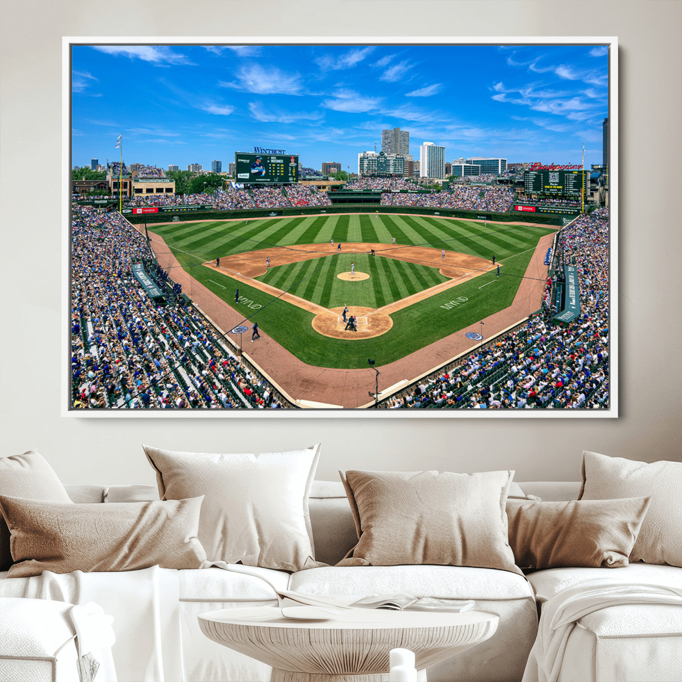 26064-MGV-CV-30X20-Framed Wrigley Field Chicago Cubs Print, Panoramic Multi Piece Canvas Wall Art - Iconic Baseball Stadium Print for Sports Lovers - Ready to