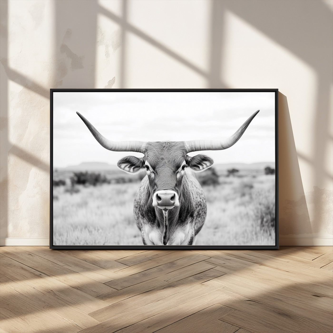 MGV-FC-36X24 - Highland Cow Wall Art Print - Black and White Texas Western Longhorn Canvas - Farmhouse Decor Print