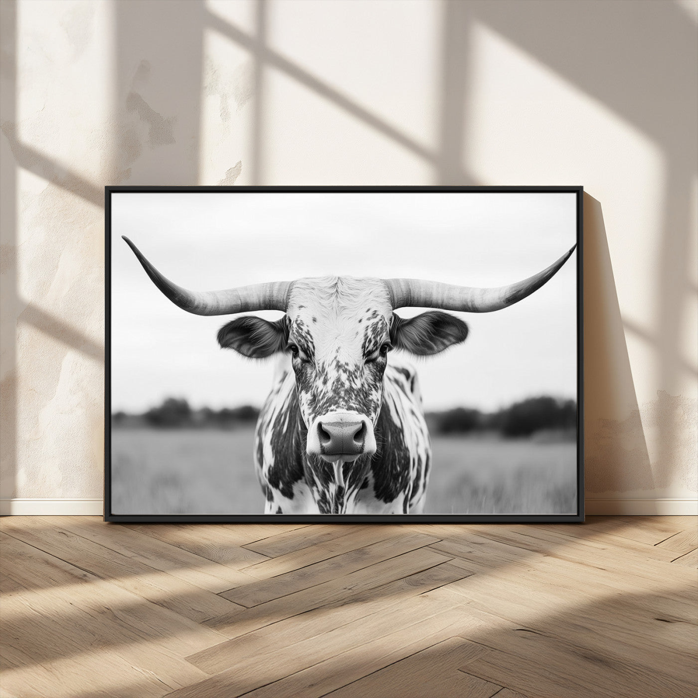 MGV-FC-36X24 - Highland Cow Wall Art - Black and White Western Longhorn Canvas Print - Farmhouse Living Room Decor