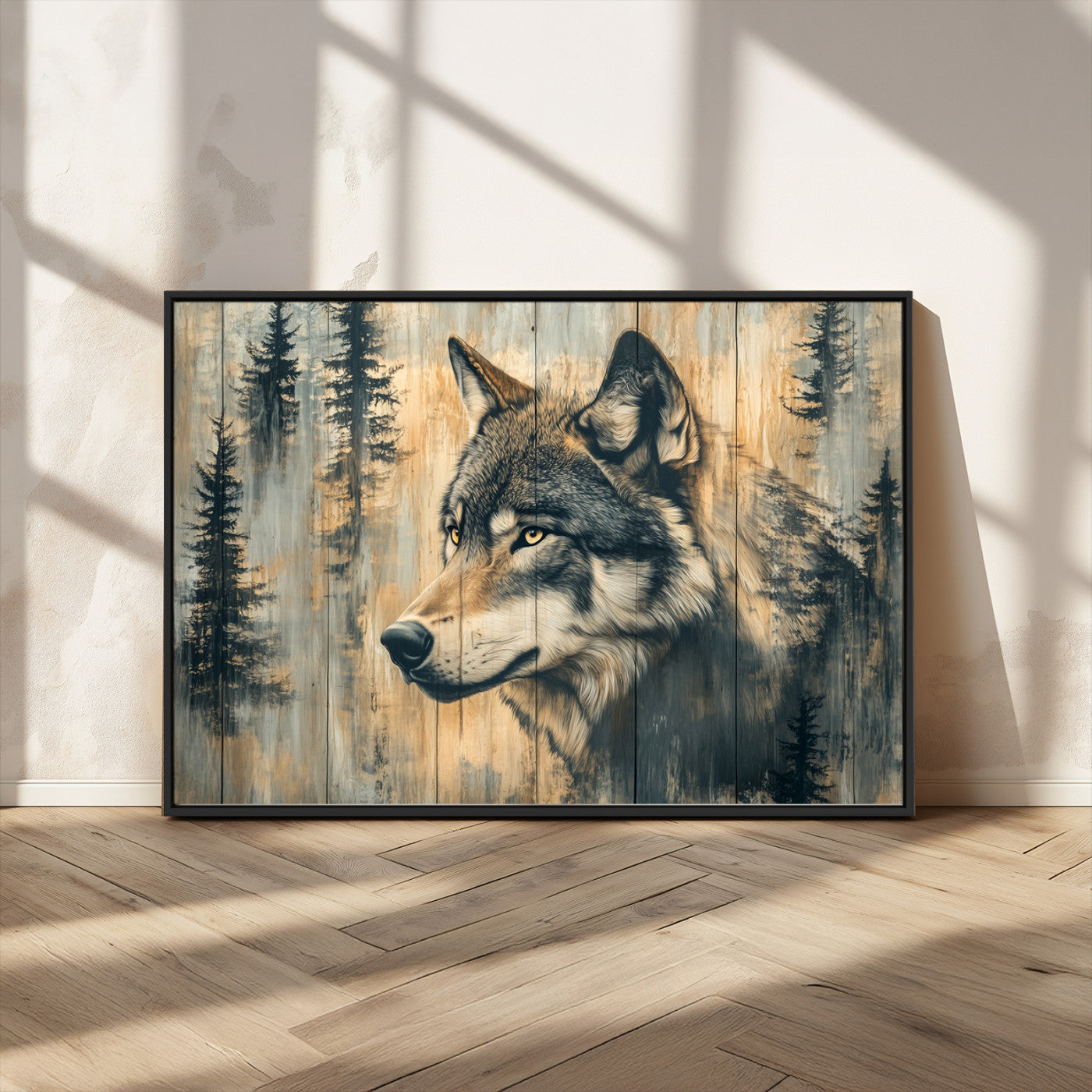 MGV-FC-36X24 - Wood Style Rustic Wolf Wall Art Canvas Print, Vintage Woodland Wolf Wall Art, Framed Wood Style Wolf