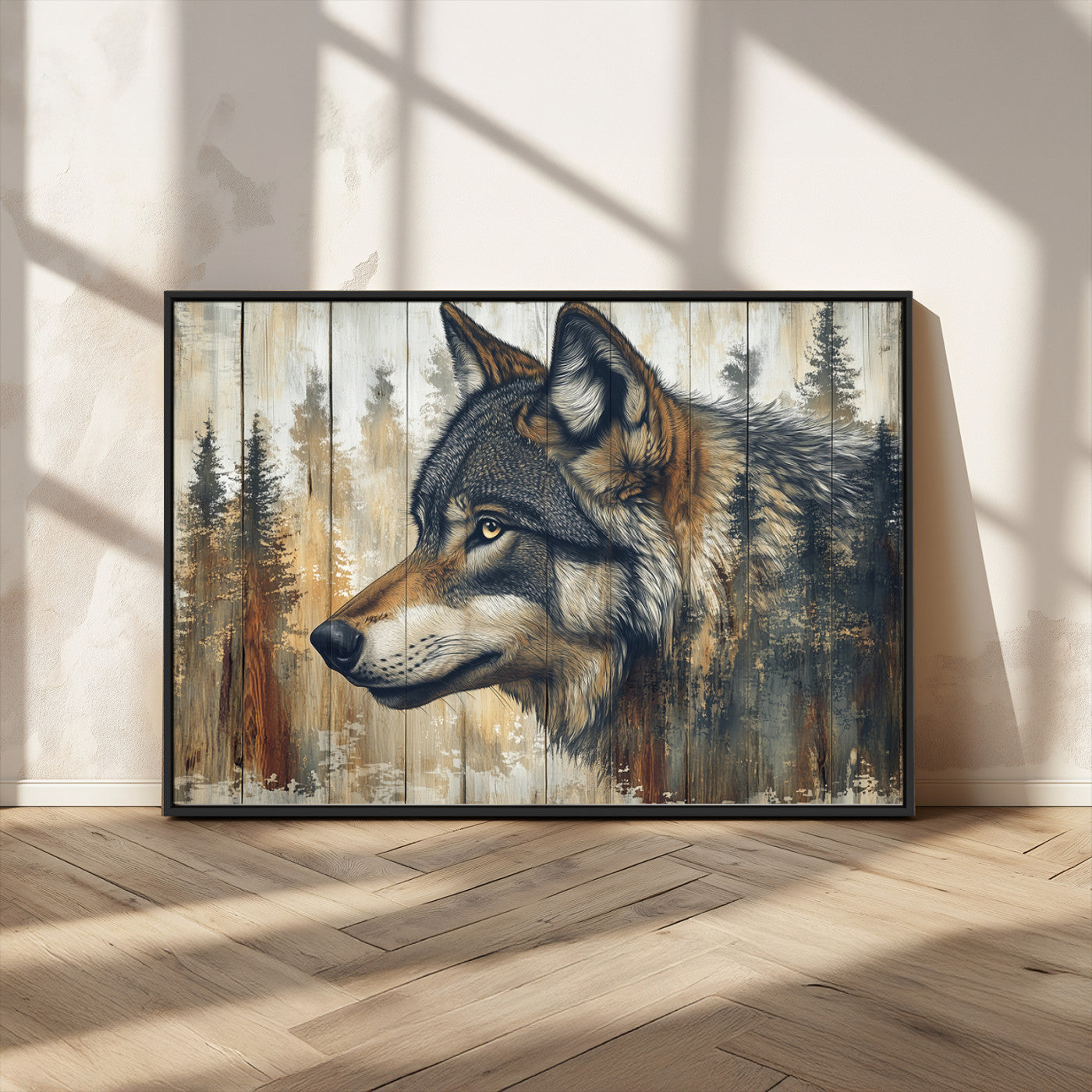 MGV-FC-36X24 - Rustic Wolf Wall Art Canvas Print, Vintage Woodland Wolf Wall Art