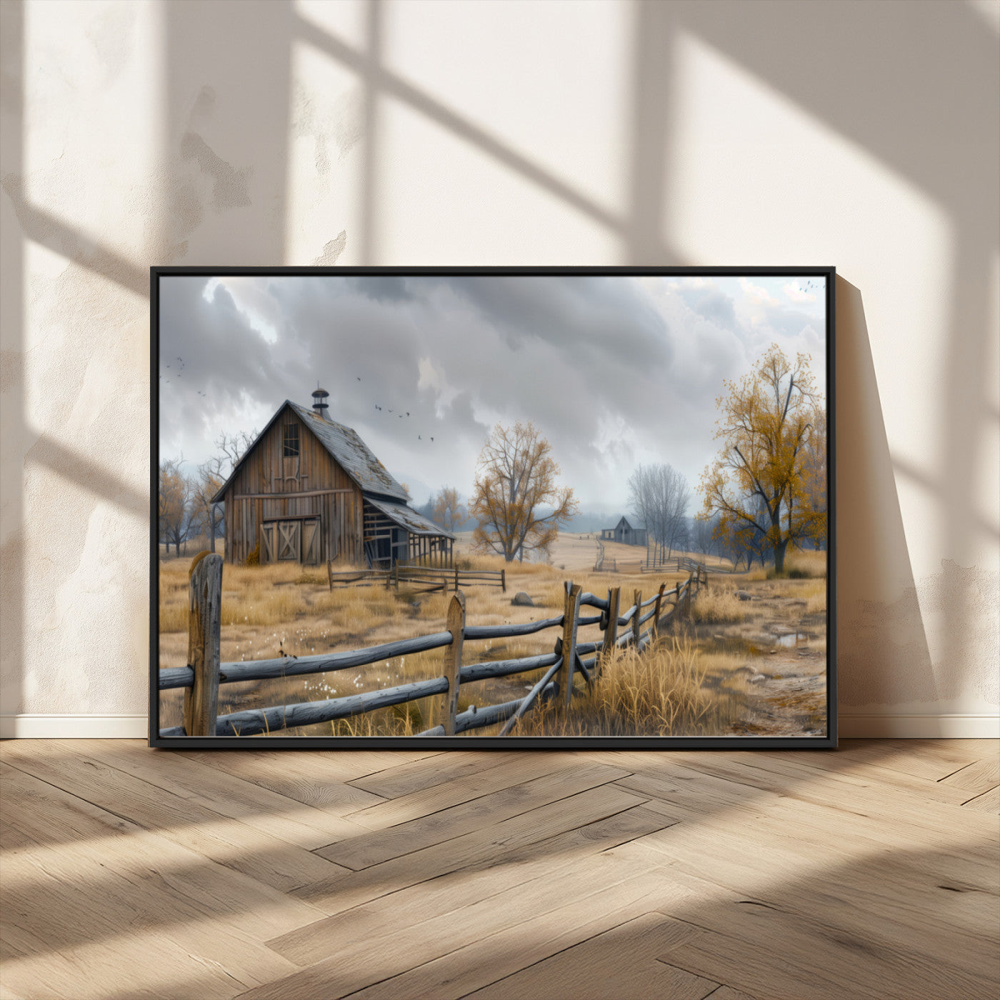 MGV-FC-36X24 - Rustic Autumn Farmhouse Wall Art Canvas Print – Serene Countryside Scene with Weathered Barn and