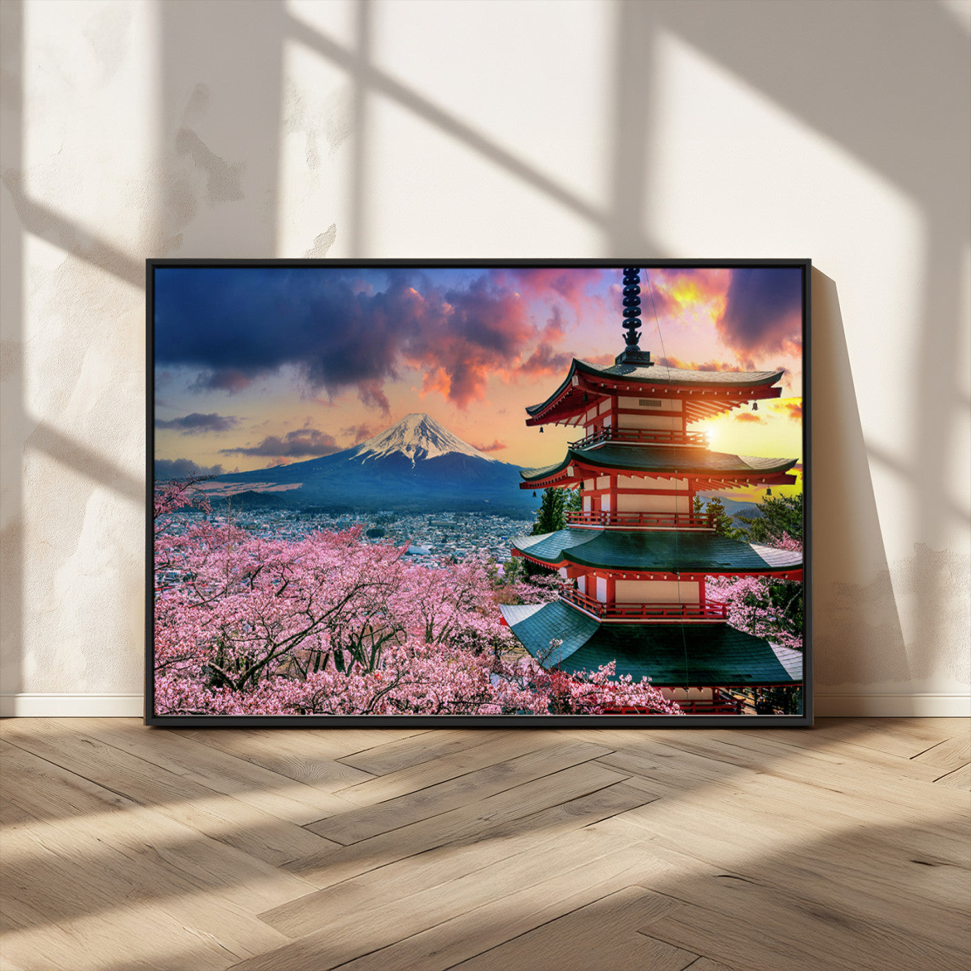 MGV-FC-36X24 - Mount Fuji & Cherry Blossom Wall Art Canvas Print – Iconic Japanese Landscape, Sakura Pagoda Sunset,
