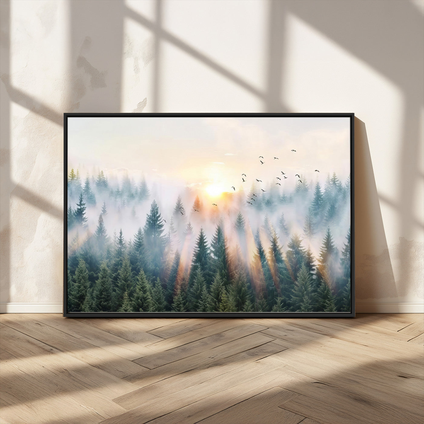 MGV-FC-36X24 - Misty Pine Forest Wall Art Canvas, Sunrise Over Foggy Trees Canvas for Home - Office, Framed