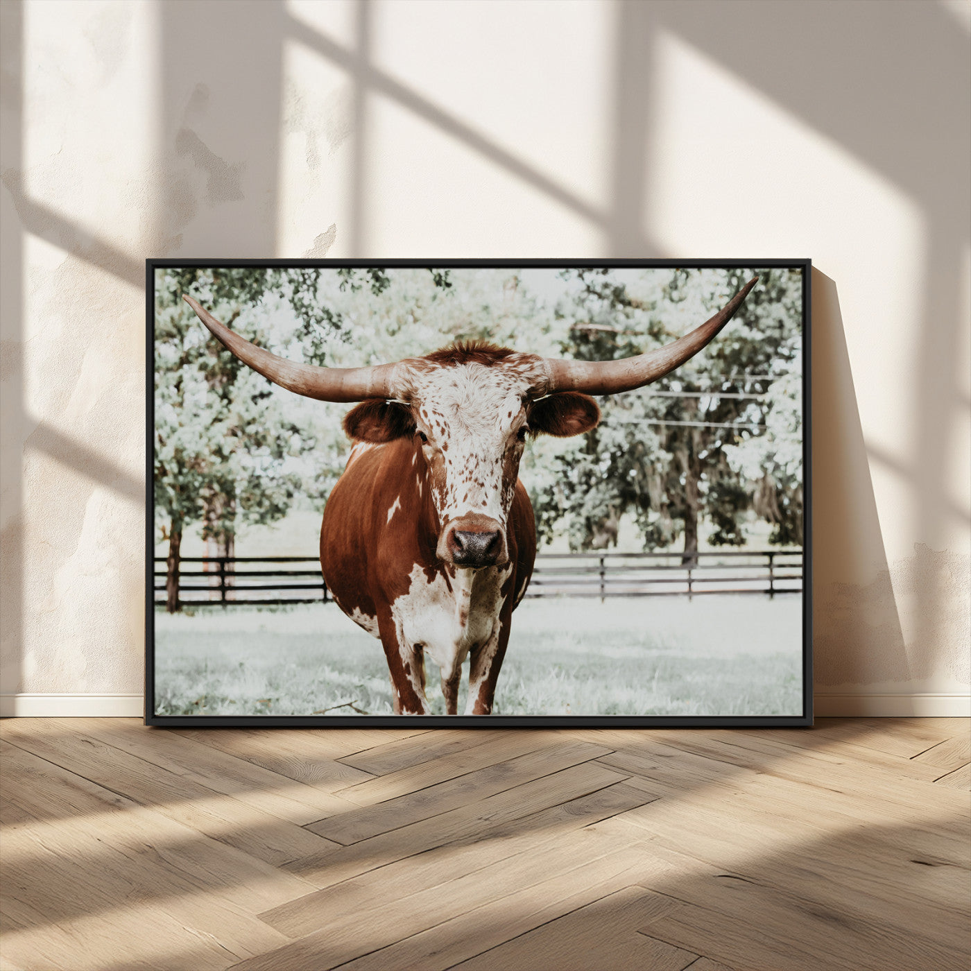 MGV-FC-36X24 - Texas Longhorn Wall Art Canvas Print, Framed Spotted Cow Art Picture Print, Horned Cattle Perfect Rustic Western Decor Artwork