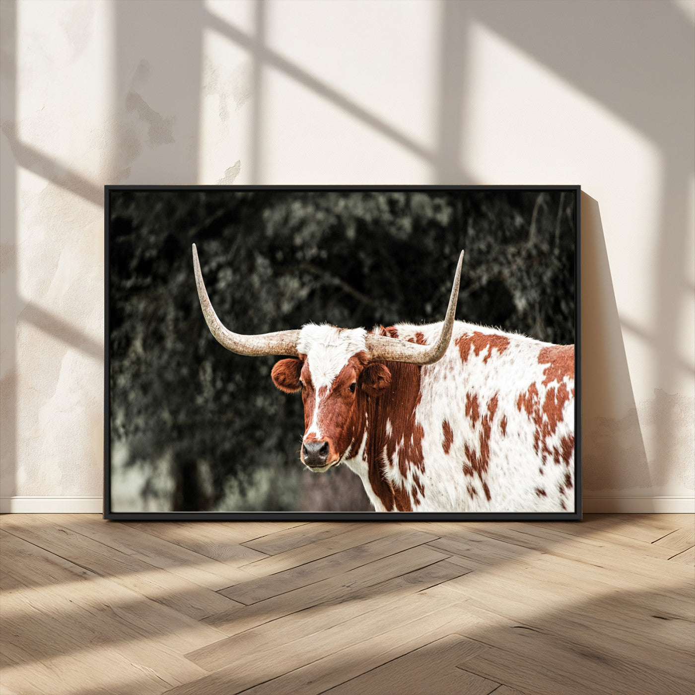 MGV-FC-36X24 - Texas Longhorn Wall Art Canvas Print, Framed Spotted Cow Art Picture Print, Horned Bull Perfect Rustic Western Decor Artwork