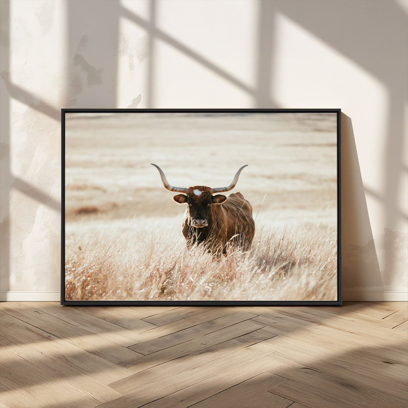 MGV-FC-36X24 - Texas Longhorn Wall Art Canvas Print, Framed Brown Cattle Art Picture Print, Horned Bull Perfect Rustic Western Decor Artwork