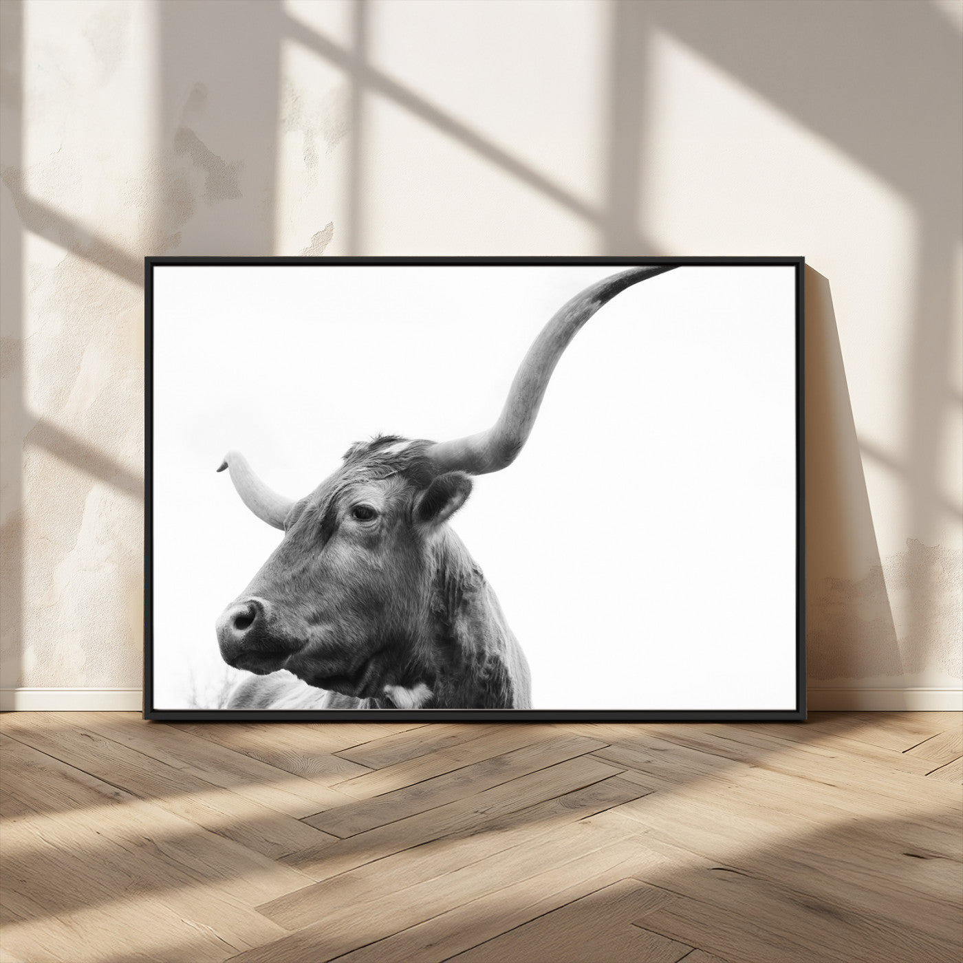 MGV-FC-36X24 - Longhorn Wall Art Wall Art Canvas Print, Framed Modern Ranch Style Art Art Picture Print, Monochrome Cow Print Perfect Rustic Western Decor Artwork