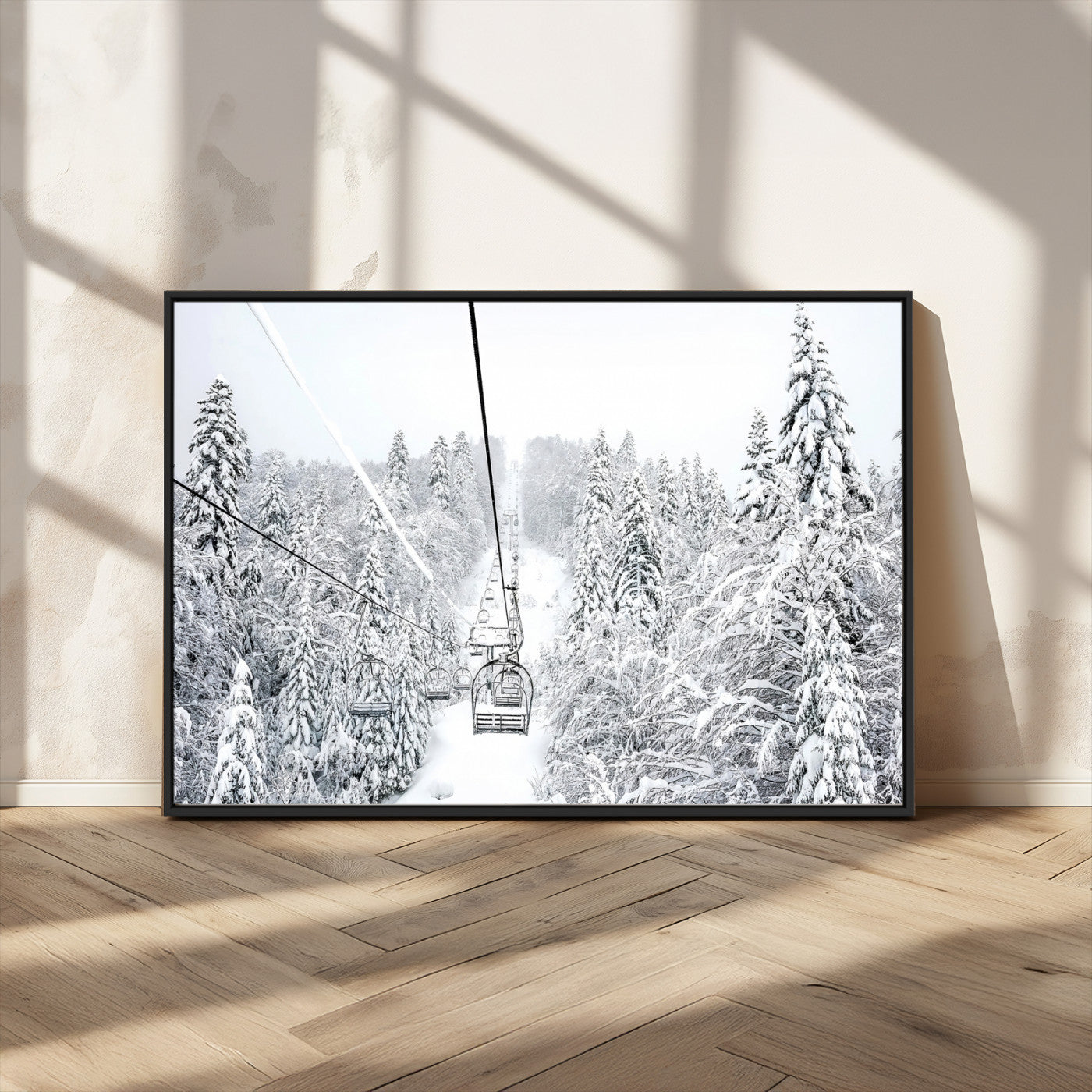 MGV-FC-36X24 - Snowy Mountains Wall Art Canvas Print, Framed Ski Lift Art Picture Print, Winter Forest Perfect