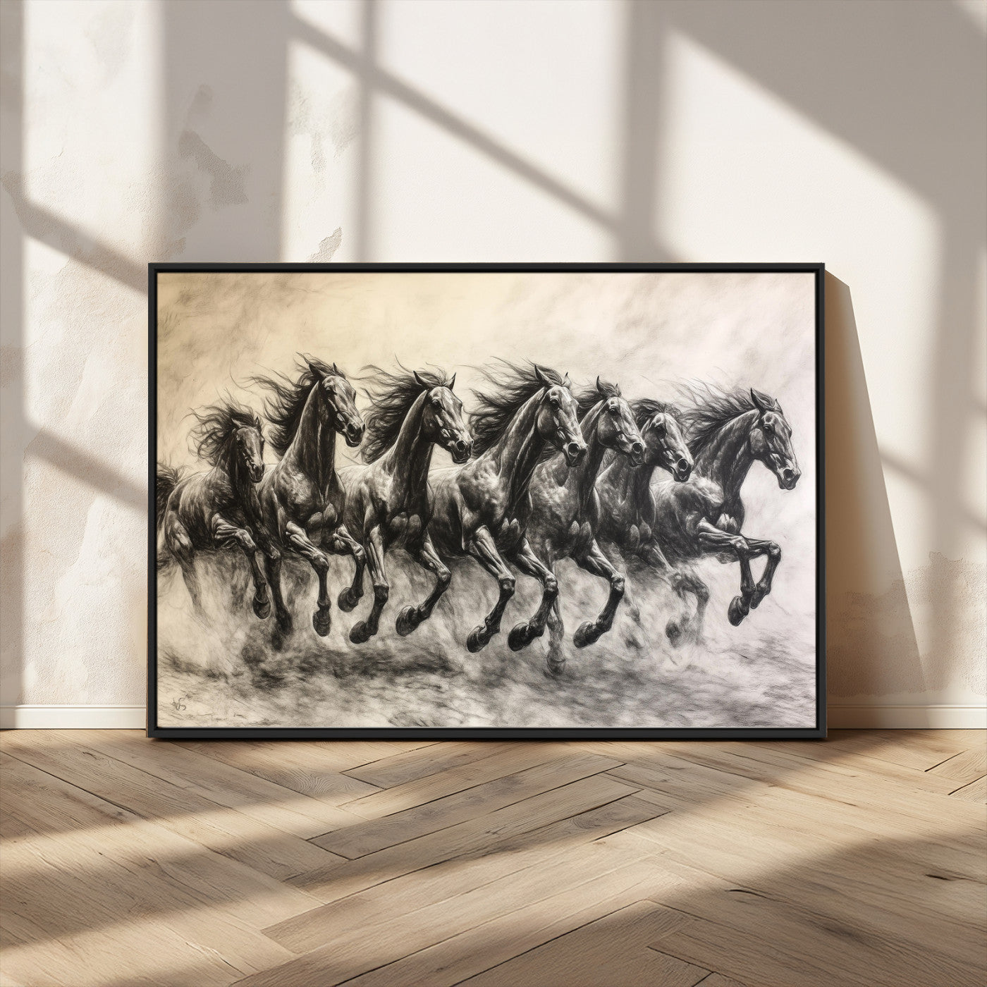 MGV-FC-36X24 - Galloping Horses Wall Art Canvas Print, Framed Wild Stallions Art Picture Print, Horse Herd Sketch Perfect Monochrome Dynamic Decor Artwork