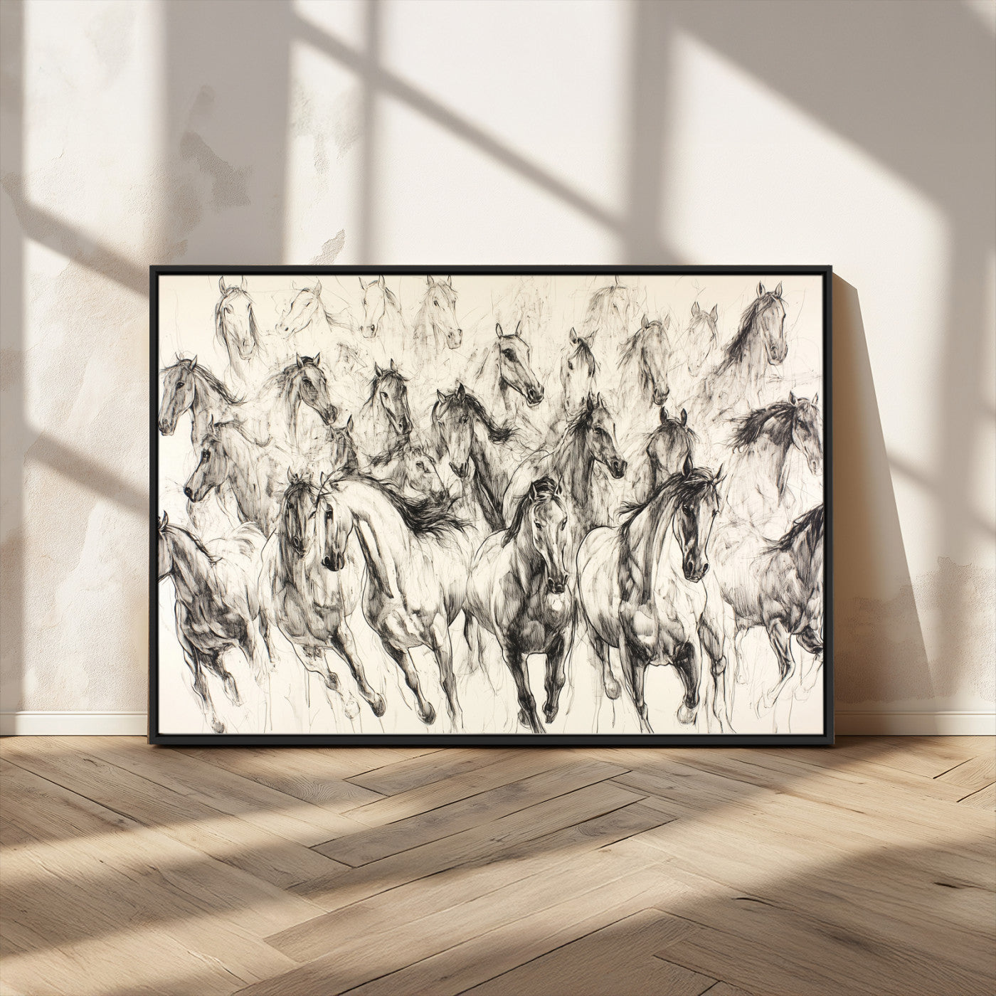 MGV-FC-36X24 - Running Horses Wall Art Canvas Print, Framed Horse Sketch Art Picture Print, Galloping Herd Perfect Monochrome Western Decor Artwork