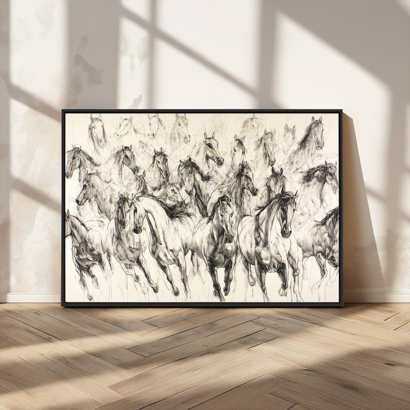 Monochrome ink sketch of galloping horses in dynamic motion, perfect for western or equine-themed wall decor with bold artistic energy.
