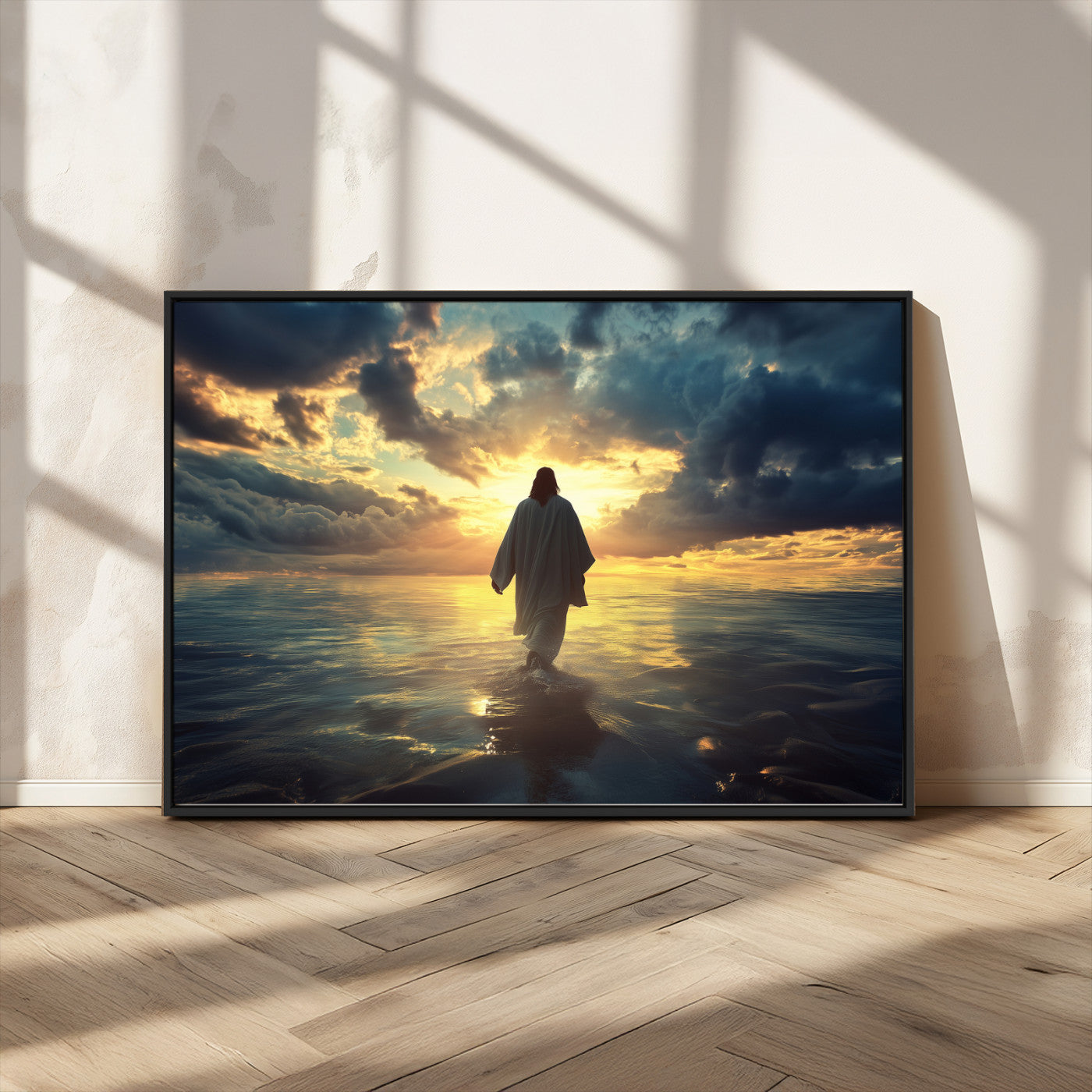 MGV-FC-36X24 - Jesus Walks Wall Art Canvas Print, Framed Divine Sunset Art Picture Print, Spiritual Light Perfect Spiritual Tranquil Decor Artwork