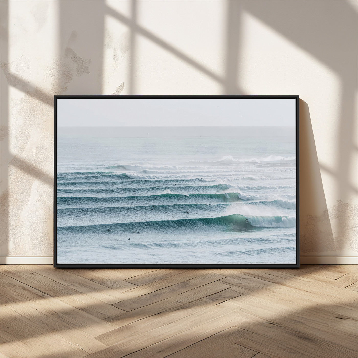MGV-FC-36X24 - Ocean Waves Wall Art Canvas Print, Framed Surfer Lineup Art Picture Print, Crowded Ocean Perfect Minimal Coastal Decor Artwork