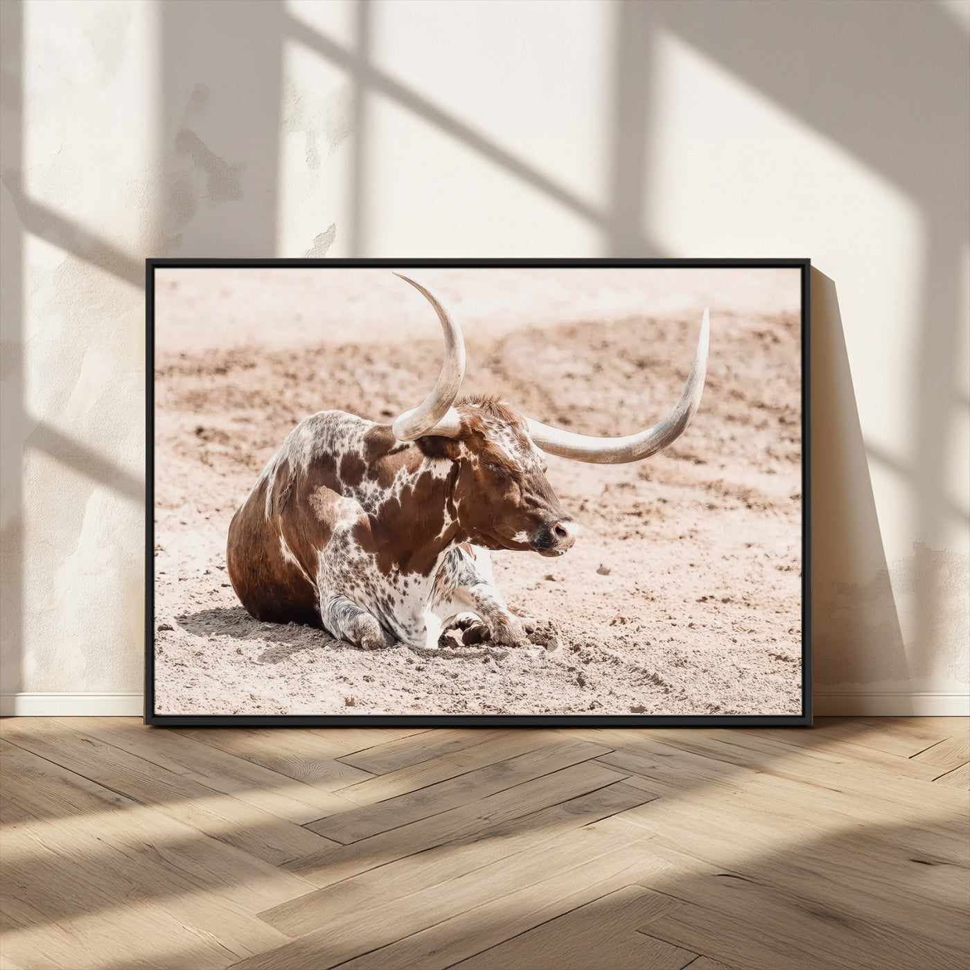 MGV-FC-36X24 - Texas Longhorn Wall Art Canvas Print, Framed Resting Bull Art Picture Print, Spotted Cattle Perfect Rustic Western Decor Artwork