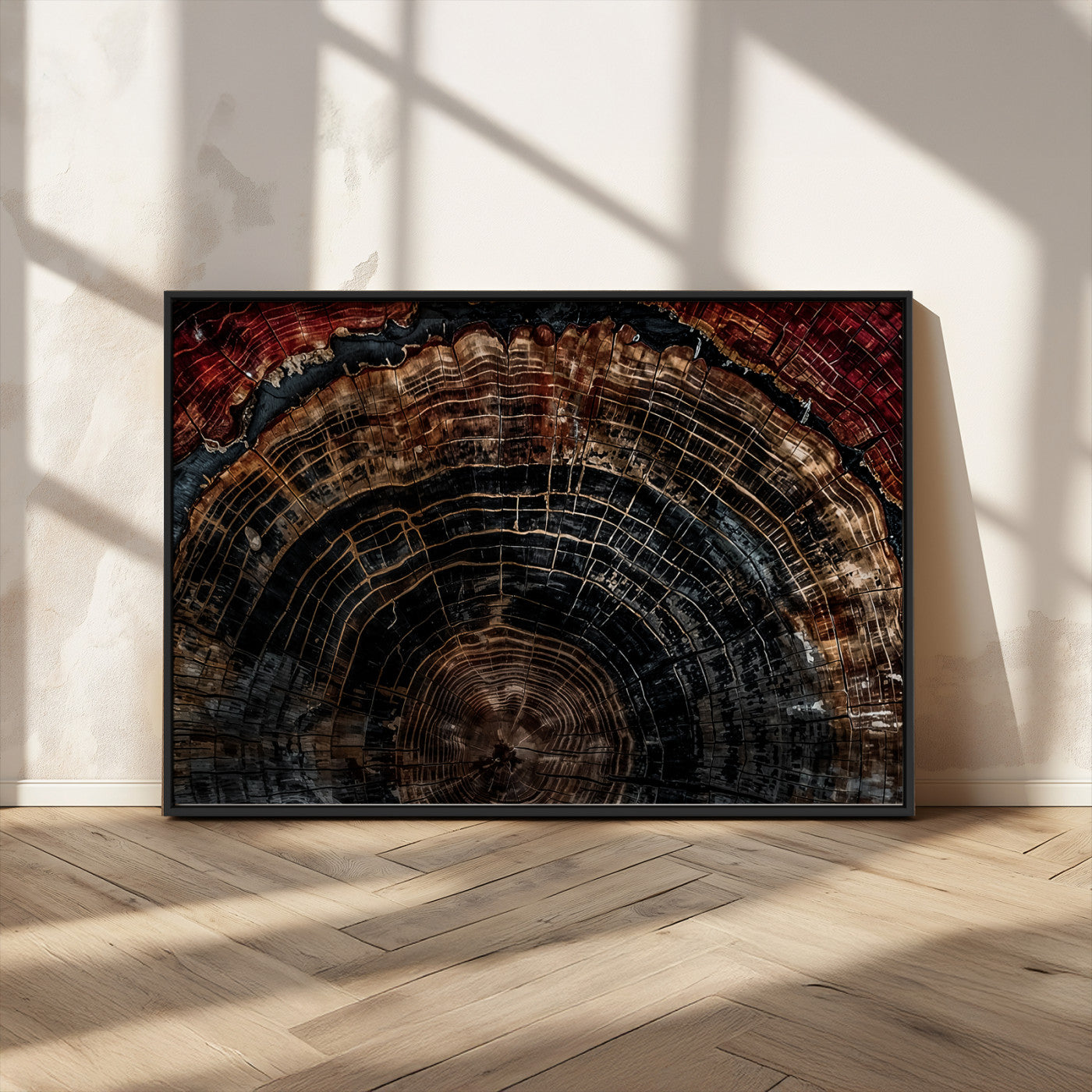 MGV-FC-36X24 - Dark Wood Ring Wall Art Canvas Print, Framed Abstract Wood Tree Art Picture Print, Rustic Tree Slice Perfect Rustic Decor Artwork