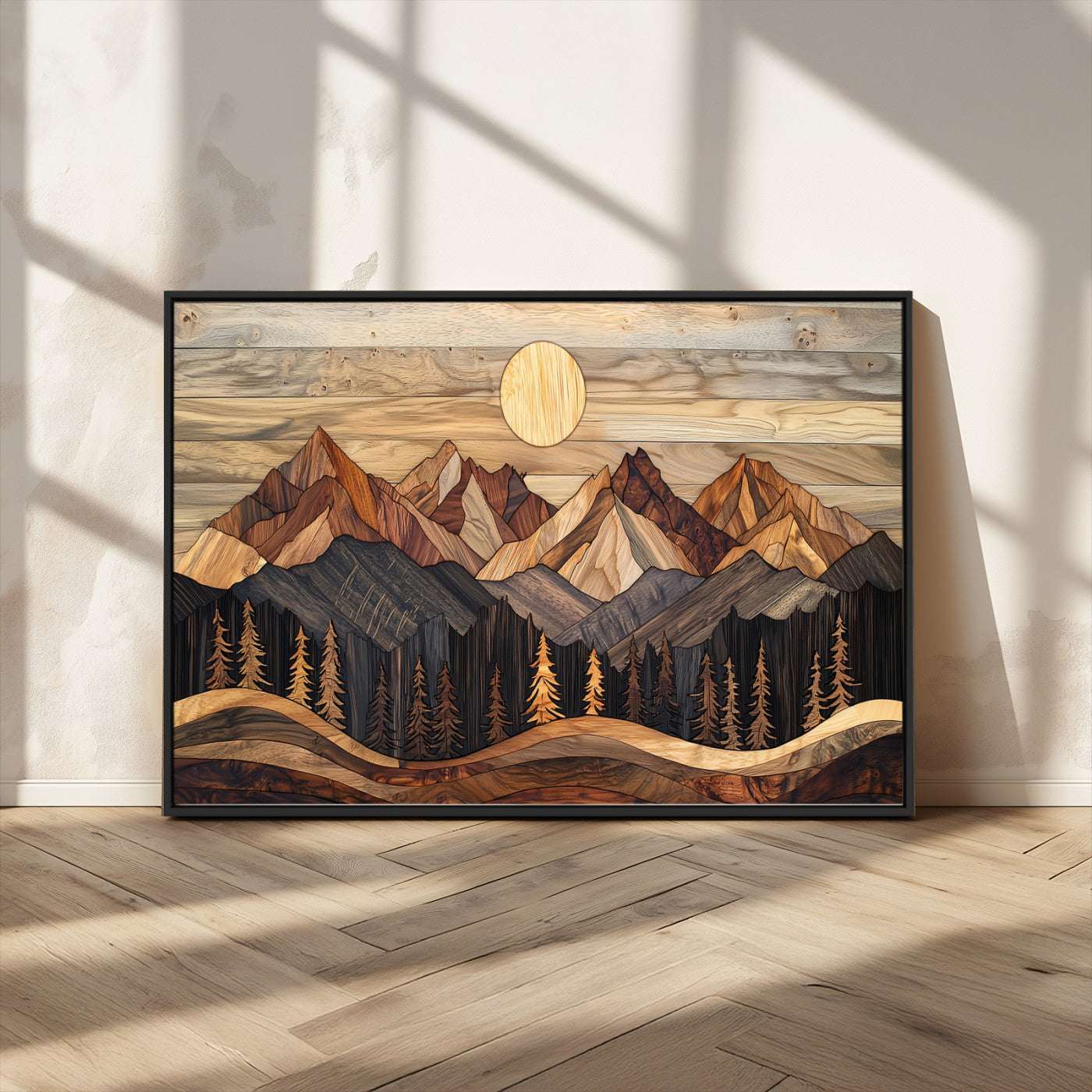 MGV-FC-36X24 - Wood Mountain Wall Art Canvas Print, Framed Boho Wood Art Picture Print, Abstract Woodland Perfect Farmhouse Decor Artwork