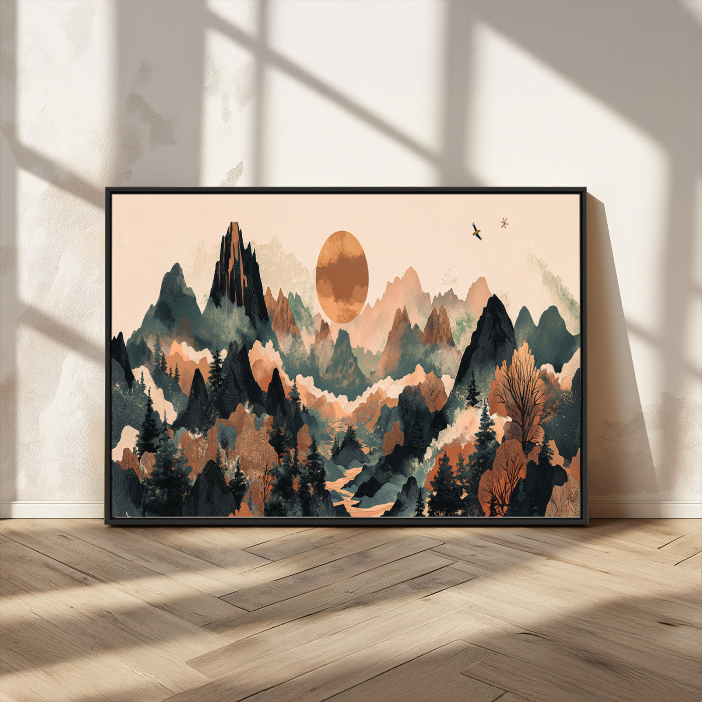 MGV-FC-36X24 - Wood Mountain Landscape Wall Art Canvas Print, Framed Sunset Hills Art Picture Print, Abstract Nature Perfect Boho Decor Artwork